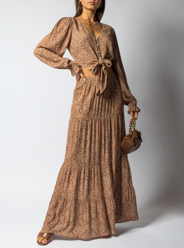 Dance Till Dawn Floral Brown Tiered Maxi Skirt