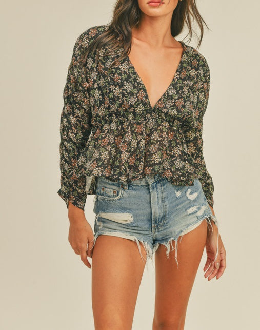 Favorite Memory Black Floral V Neck Long Sleeve Top