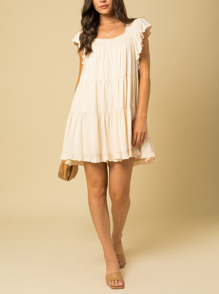 Emma Ruffle Sleeve Tiered Dress In Beige