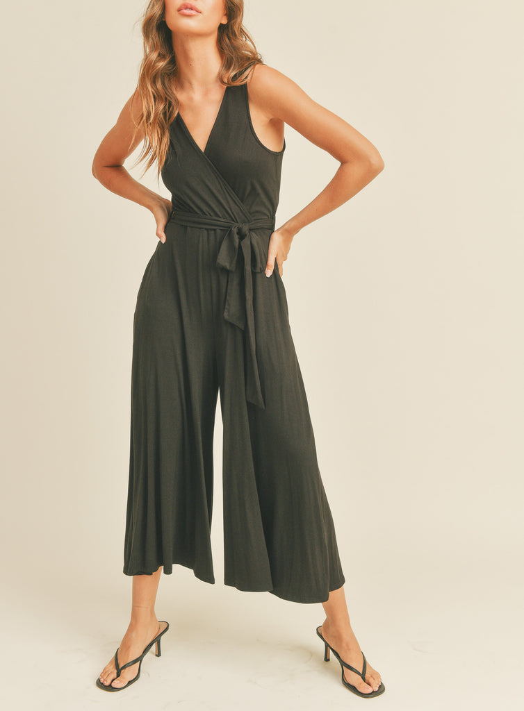 Wrap Front Side Tie Jersey Jumpsuit In Black