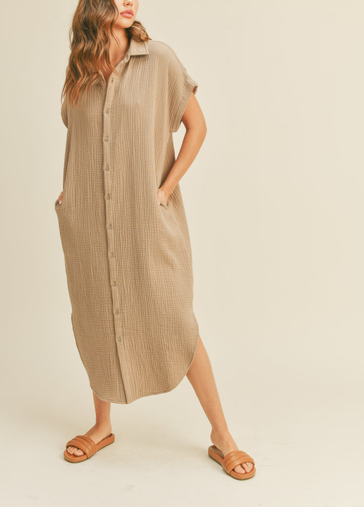 Layla Cotton Gauze Button Down Midi Shirt Dress In Mocha