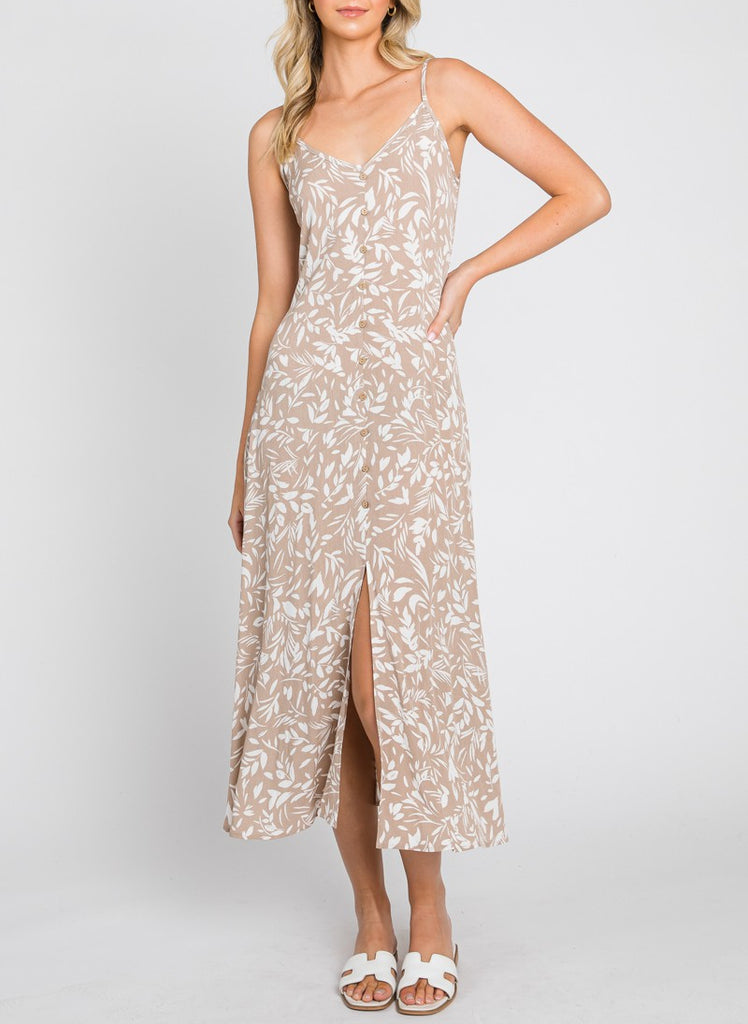 Summer Strutting Button Front Floral Printed Midi Dress In Taupe
