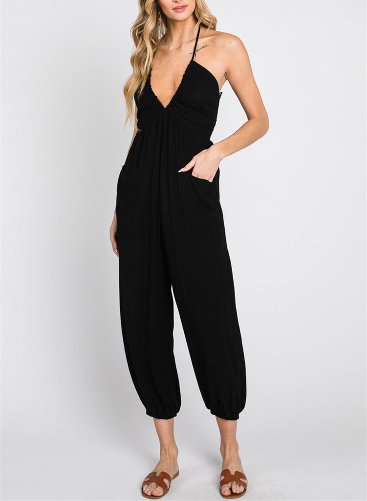 Midnight Skies Deep V Neck Tie Woven Jogger Jumpsuit In Black