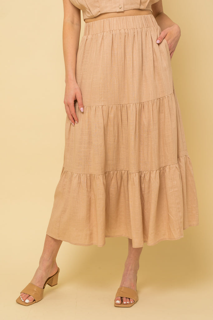 Annabelle Tiered Midi Skirt In Taupe