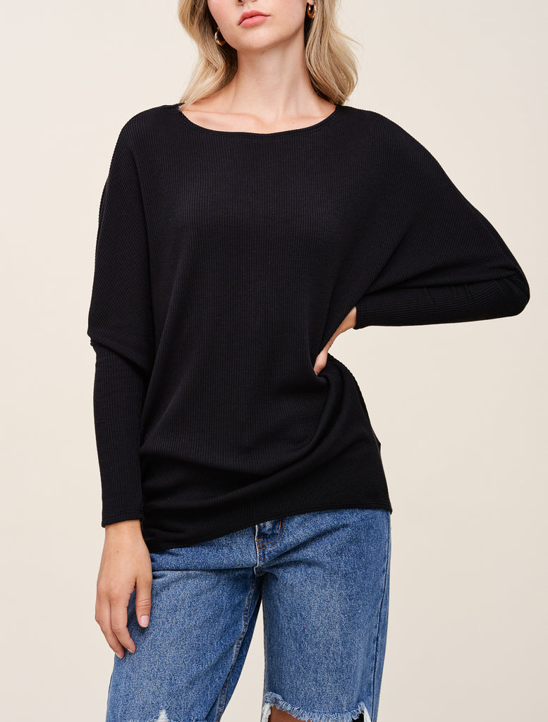 Soft Ribbed Dolman Top In Black