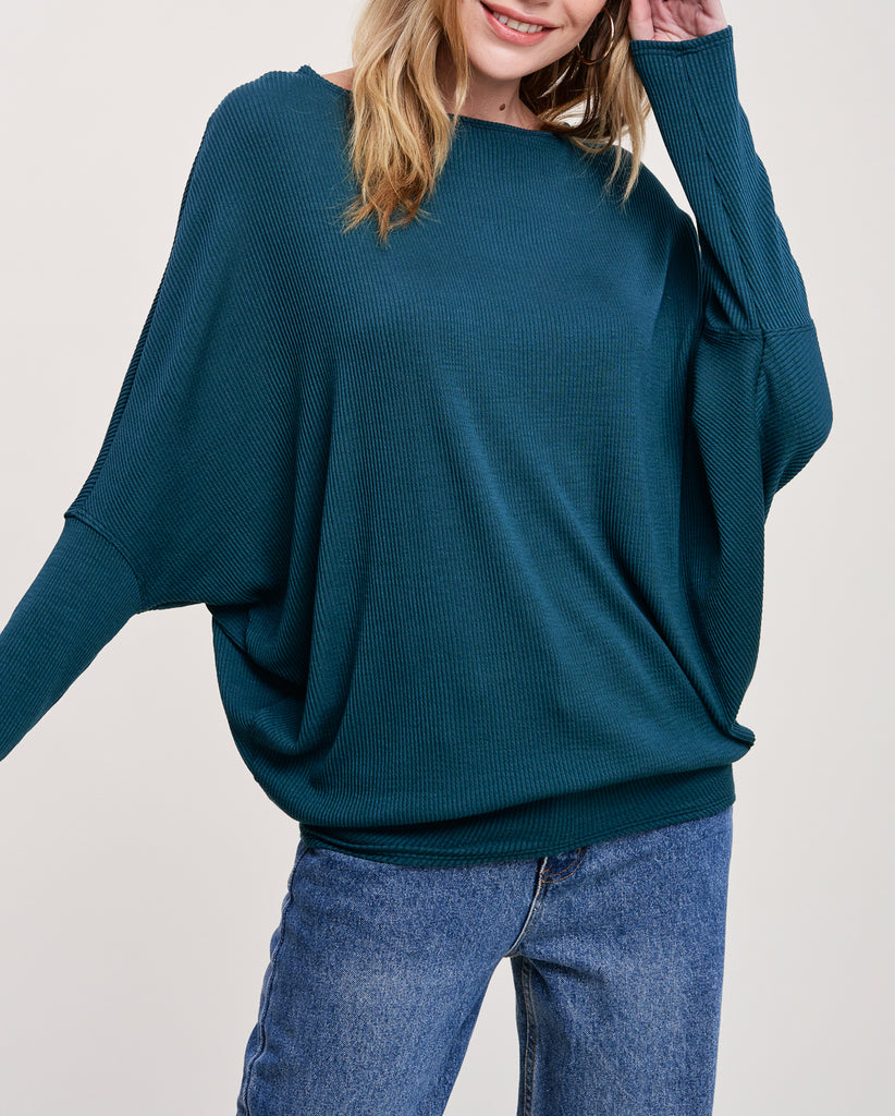 Soft Ribbed Dolman Top In Teal