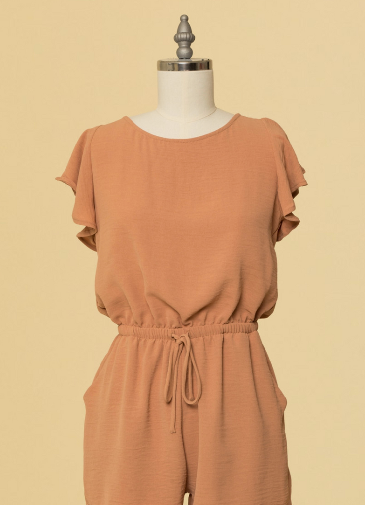Peyton Ruffle Sleeve Romper In Toffee