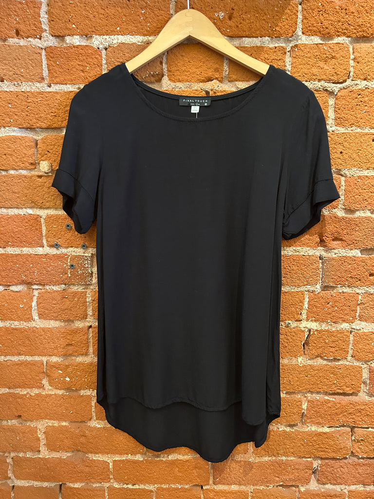 Elevated Short Sleeve Woven Basic Top In Black