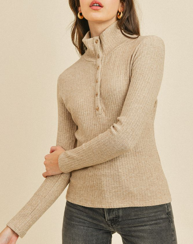 Simplicity At Its Best Taupe Ribbed Front Button Down Long Sleeve Top
