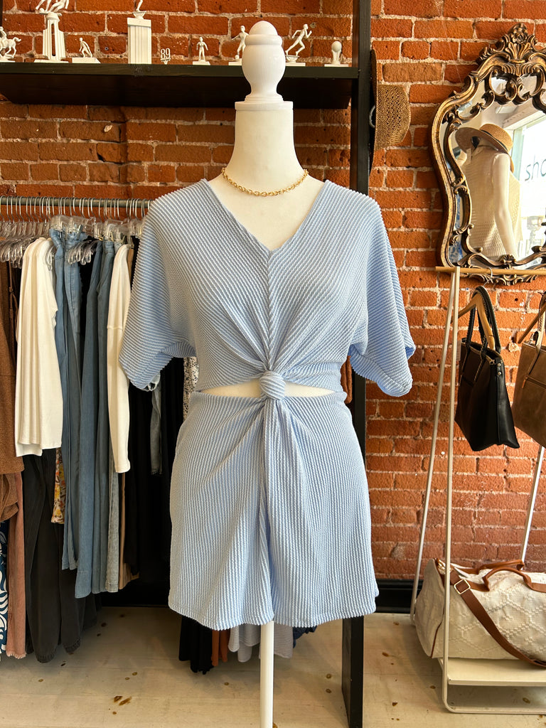 Emilie Ribbed Texture Romper With Front Knot Waist Cutout In Sky Blue