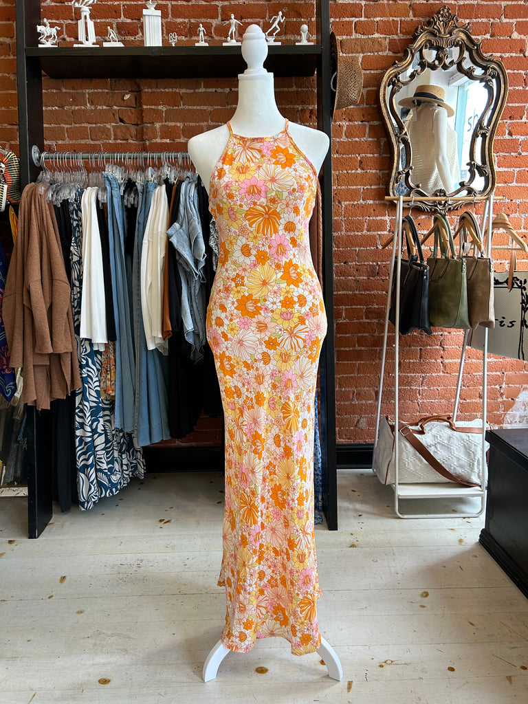 Sundrenched Floral Printed Halter Maxi Dress In Orange Multi