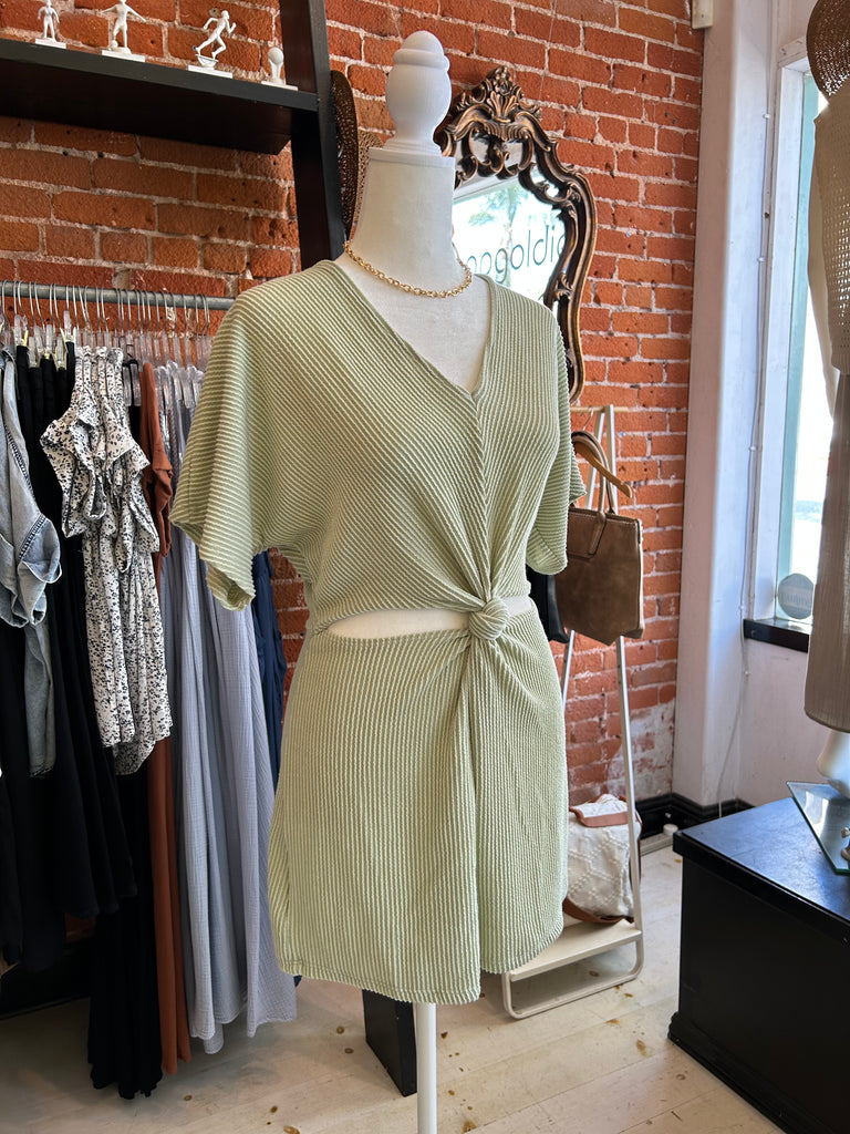 Emilie Ribbed Texture Romper With Front Knot Waist Cutout In Sage
