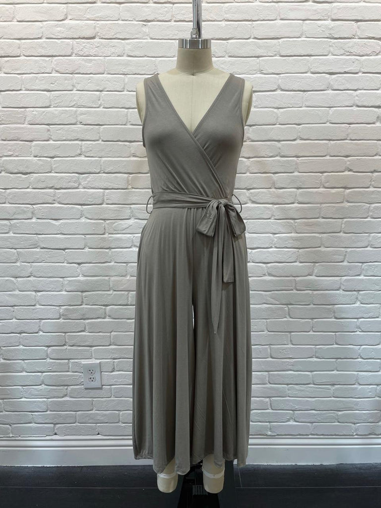 Wrap Front Side Tie Jersey Jumpsuit In Oak