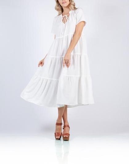 Santa Monica White Linen Tiered Maxi Dress