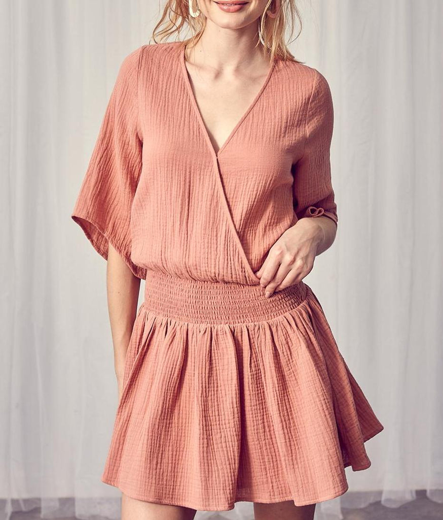 Gauze Kimono Sleeve Dress In Dusty Mauve