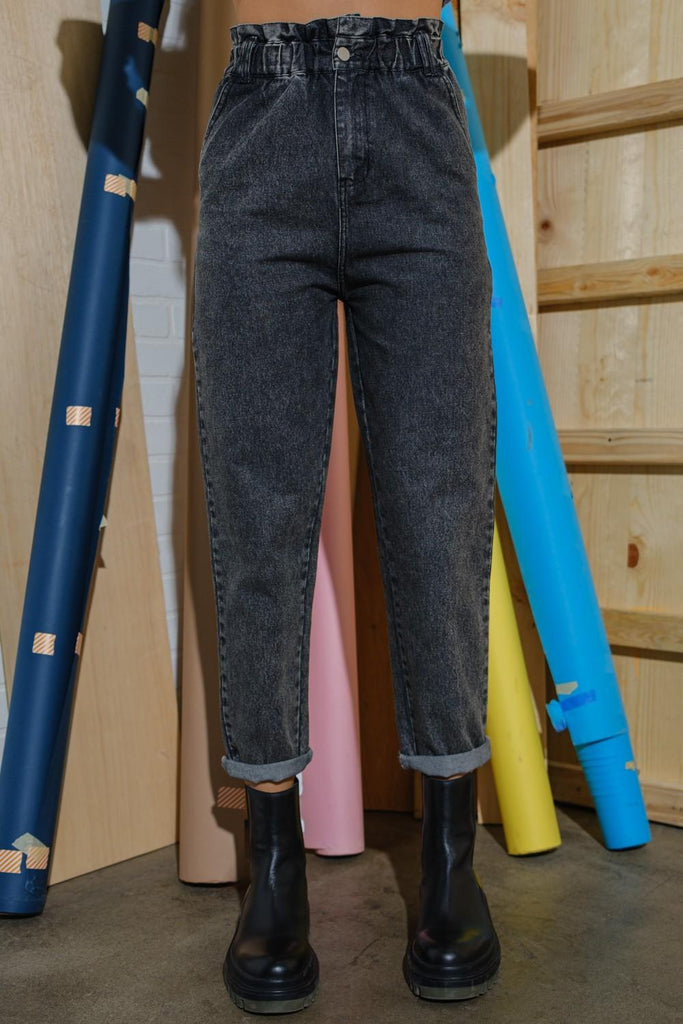 Lydia Paperbag High Waist Jeans In Black Denim