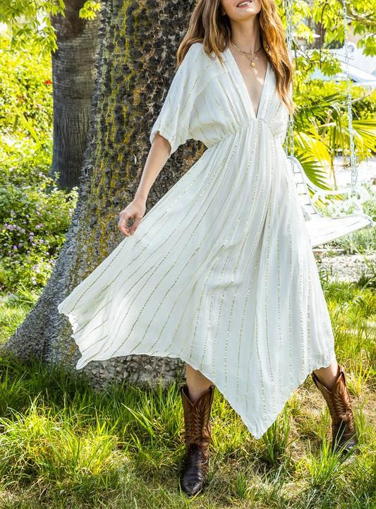 Adrianna White & Gold Striped V-Neck Maxi Dress
