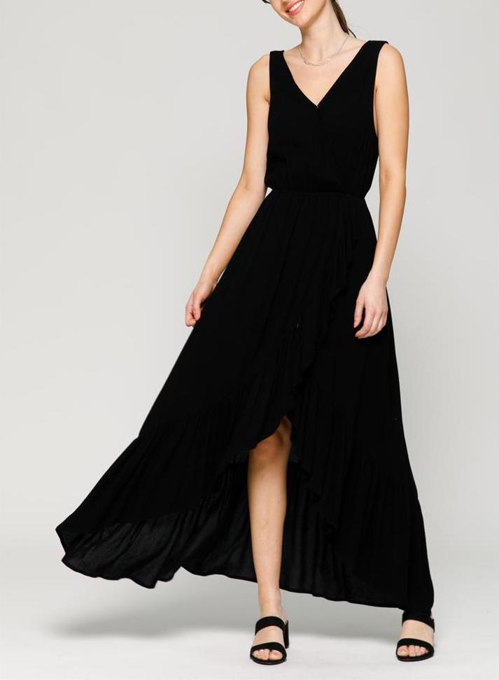 Savannah Sunsets V Neck Maxi Dress With Tulip Hem In Black