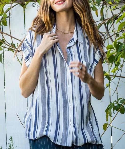 Leslie Navy & White Striped Button Down Shirt
