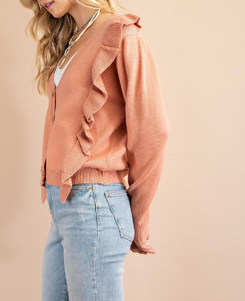 Button Front Ruffle Detail Cardigan In Soft Ginger