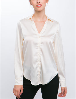 Aaliyah SIlky Button Down V Neck Blouse in Ivory