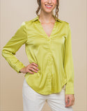 Aaliyah SIlky Button Down V Neck Blouse in Lime