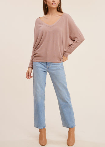 24/7 Softest V Neck Dolman Long Sleeve Top in Cocoa