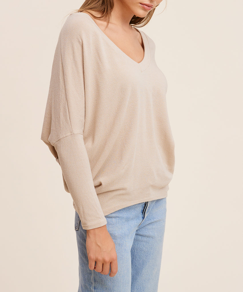 24/7 Softest V Neck Dolman Long Sleeve Top In Taupe