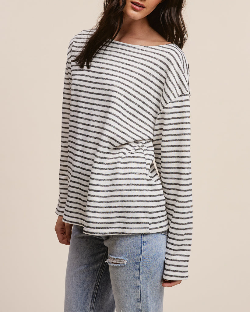 Riviera Wide Long Sleeve Knit Striped Top in White and Black