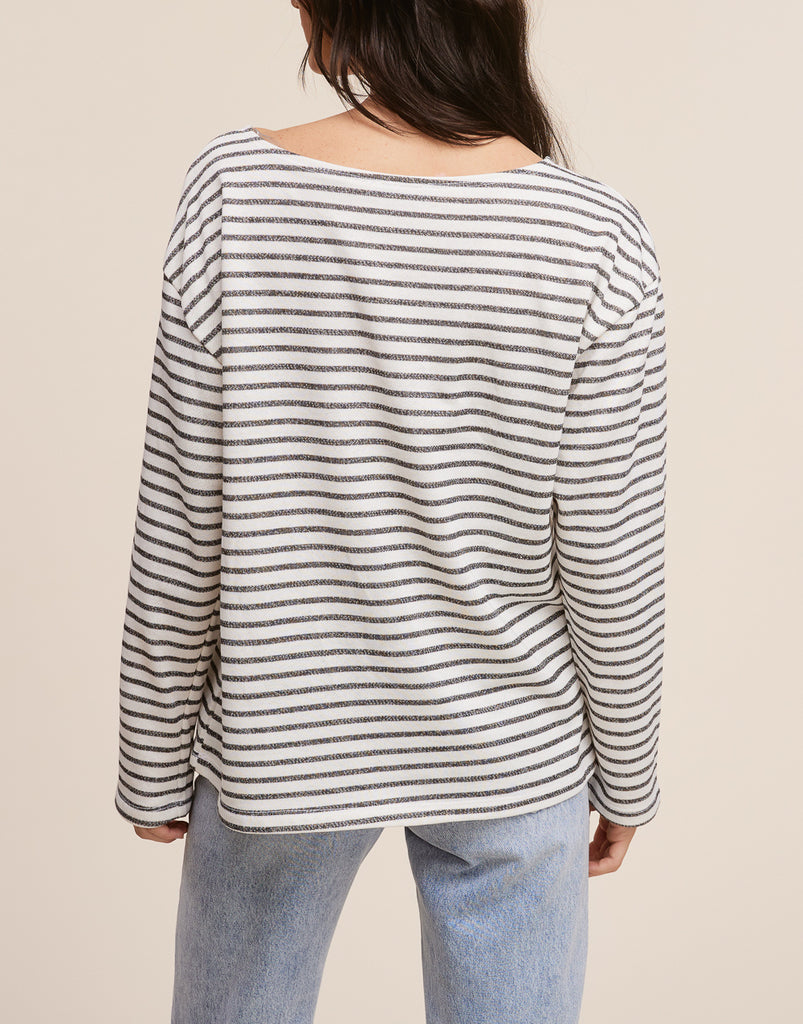 Riviera Wide Long Sleeve Knit Striped Top in White and Black