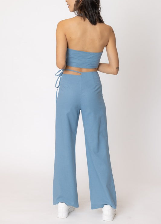 Set The Pace Button Up Cropped Halter Top With Pant In Dusty Blue