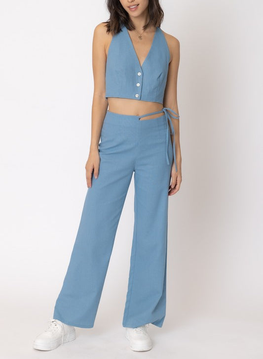 Set The Pace Button Up Cropped Halter Top With Pant In Dusty Blue