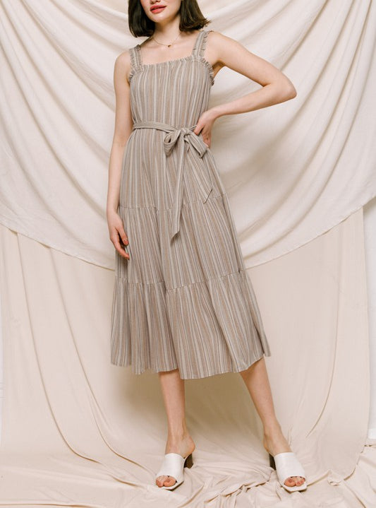 Seraphina Striped Midi Dress with Belt in Taupe Combo
