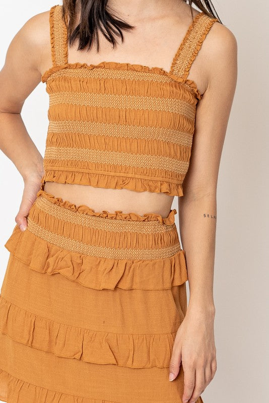 Ruffle It Up Shirred Cropped Tank And Skirt Set In Dusty Orange