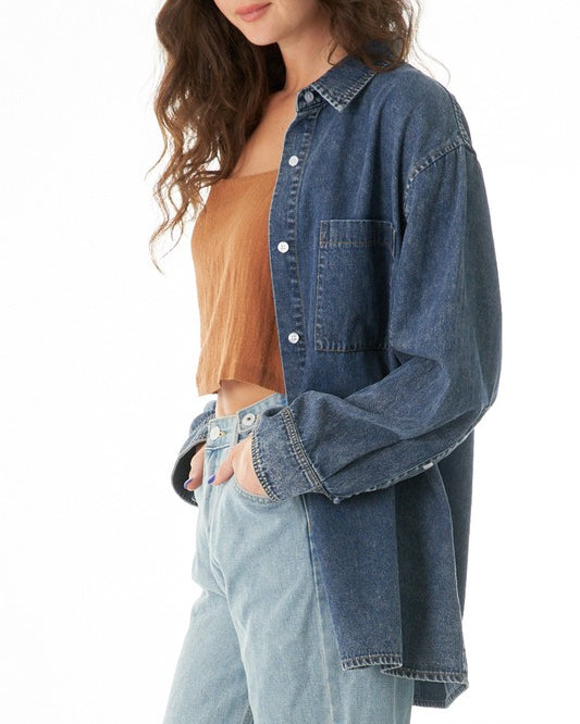 Demi Denim Oversized Button Up Shirt Dark Washed