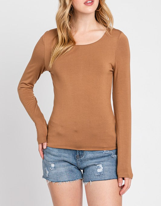 Reagan Round Neckline Double Layer Softest Long Sleeve Shirt In Amber Brown
