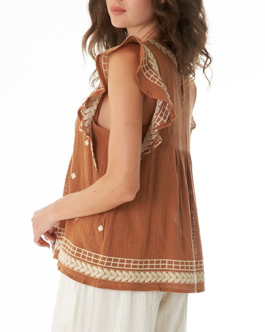 Rustic Ruffle Tank Top with Cream Embroidery Brown