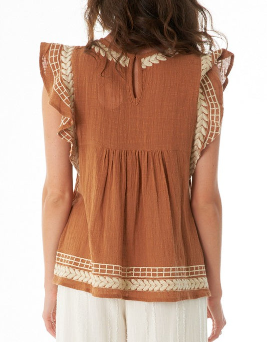 Rustic Ruffle Tank Top with Cream Embroidery Brown