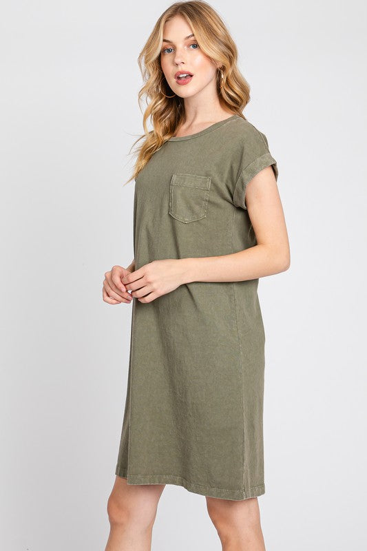Angela Front Pocket Roll-Up Sleeve T-Shirt Dress in Olive