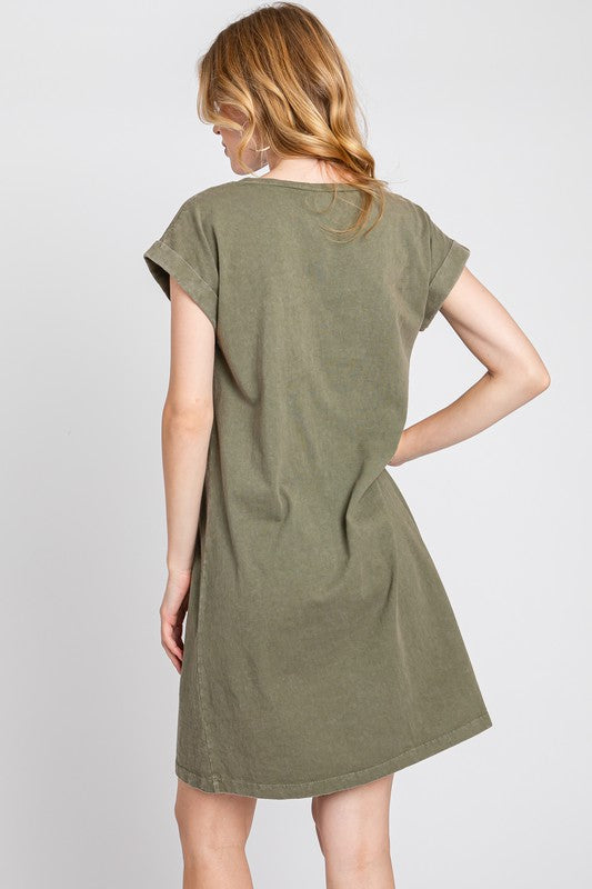 Angela Front Pocket Roll-Up Sleeve T-Shirt Dress in Olive