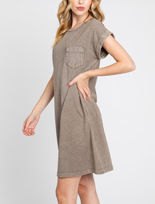 Angela Front Pocket Roll-Up Sleeve T-Shirt Dress in Dark Mocha