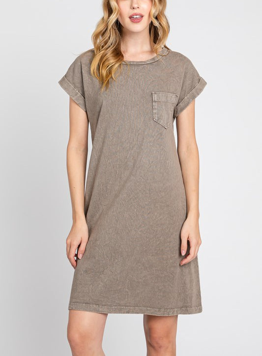 Angela Front Pocket Roll-Up Sleeve T-Shirt Dress in Dark Mocha