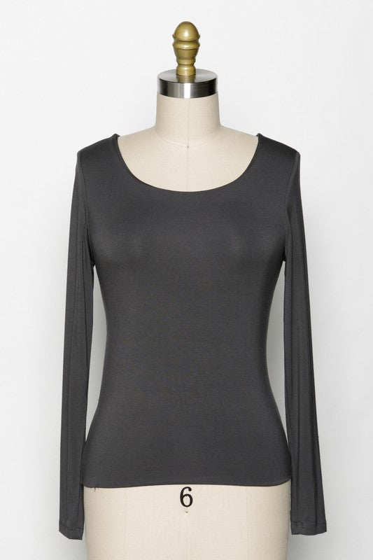 Reagan Round Neckline Double Layer Softest Long Sleeve Shirt In Shale Grey