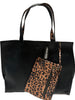 Reversible oversized vegan leather tote in Black/Leopard