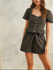 Shadow Puff Button Front Puffy Short Sleeve Top in Charcoal (set)