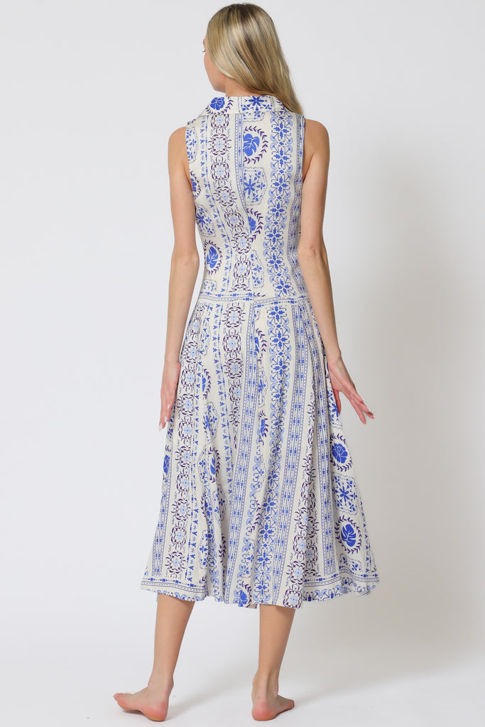 Azure Garden Sleeveless Button Down Midi Dress