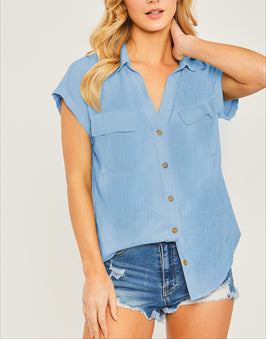 Set The Pace Button Up Cropped Halter Top With Pant In Dusty Blue