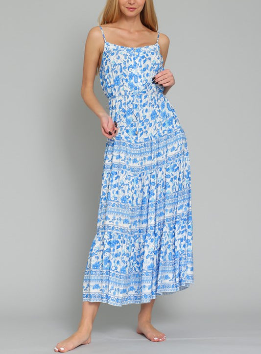Finer Things Blue Floral Printed Bohemian Button Down Belted Midi Dress