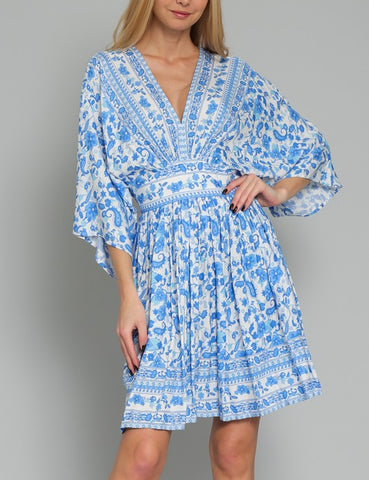 Finer Things Blue Floral Printed Bohemian Button Down Belted Midi Dress