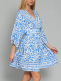 Finer Things Blue Floral Printed Bohemian Kimono Sleeve Mini Dress